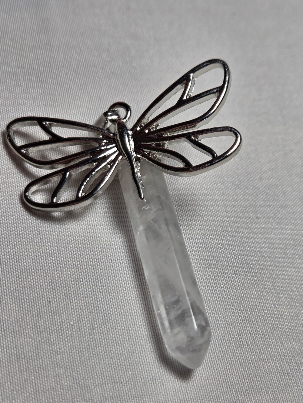New Dragonfly Crystal Point Pendant - Silver and Clear